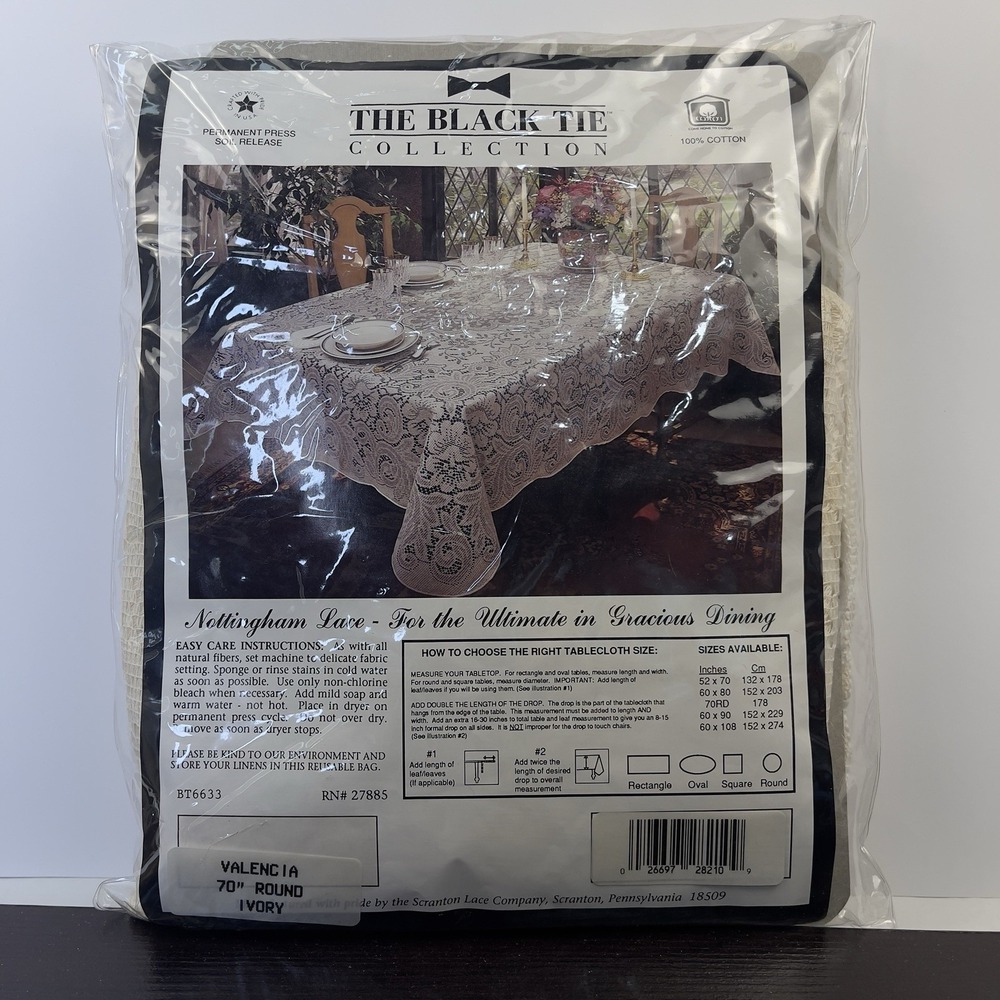 Black Tie Nottingham Lace 70"Round Ivory Tablecloth Valencia USA Vintage NOS